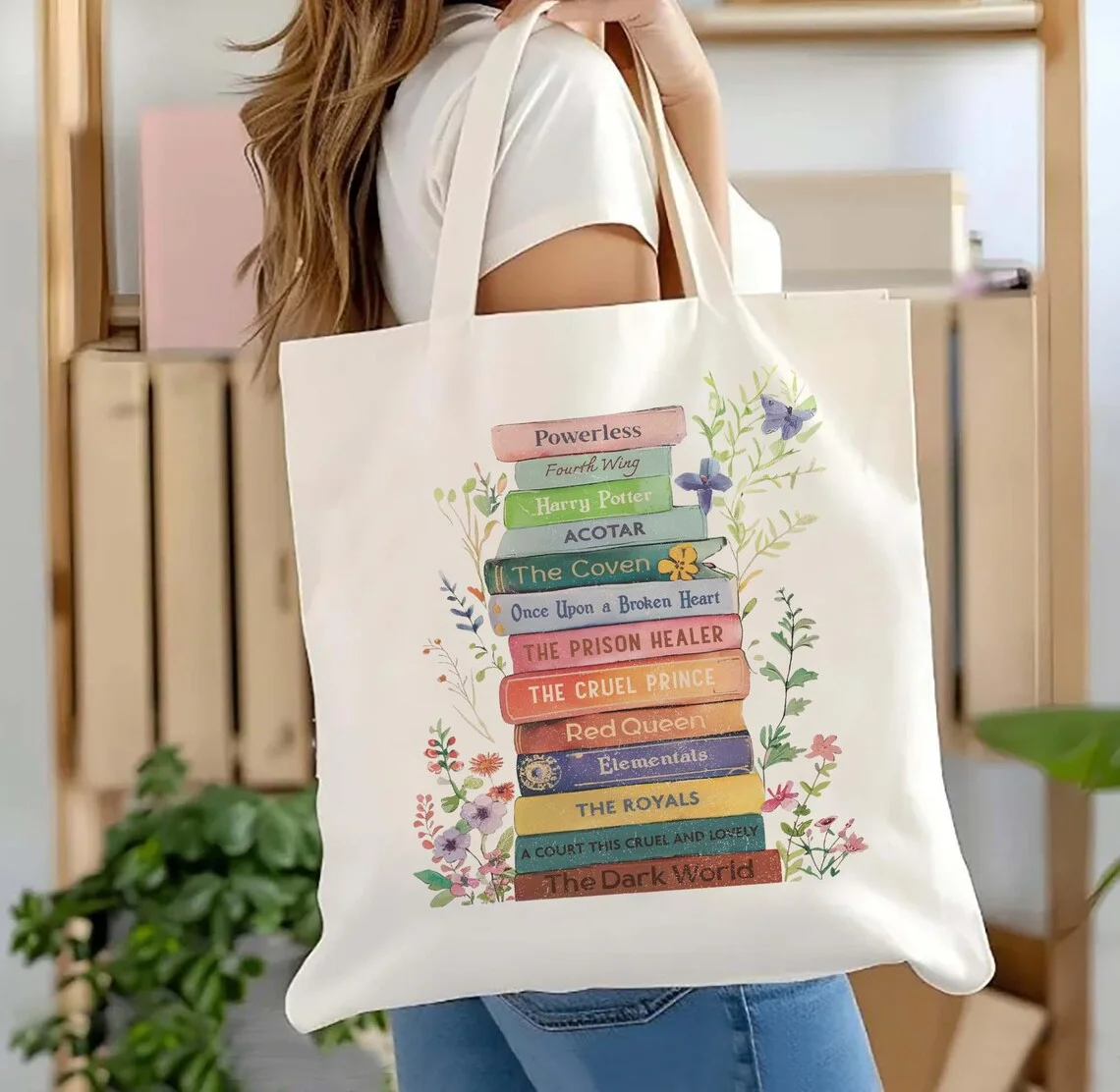 Sac fourre-tout personnalisé pour livre, cadeau pour les amoureux des livres, sac en toile floral, sac fourre-tout esthétique pour lecteur, cadeau d'anniversaire pour un ami