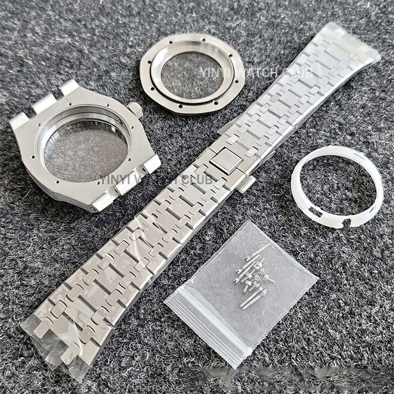 

41mm Sliver Watch Case Steel Band Bracelet Inner Shadow Sapphire Glass Watch Accessory Set for Oak NH35/ NH36 Movement Parts