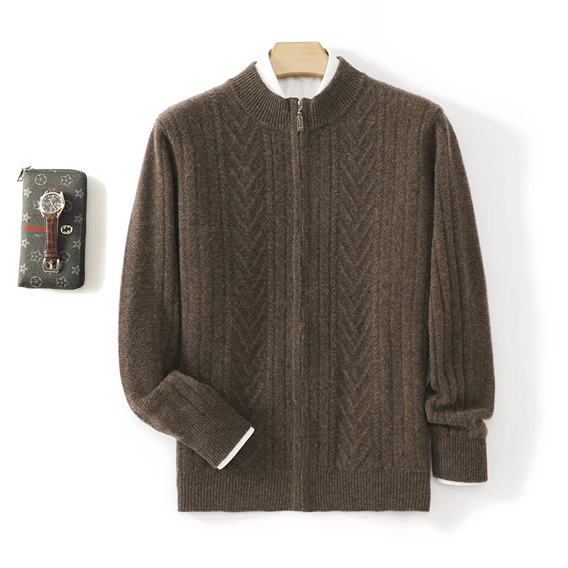 

Zipper Thick Argyle Cardigan Men's Autumn Winter 100% Merino Wool Fashionable Business Sweater Warm Casual Cashmere Outerwear
