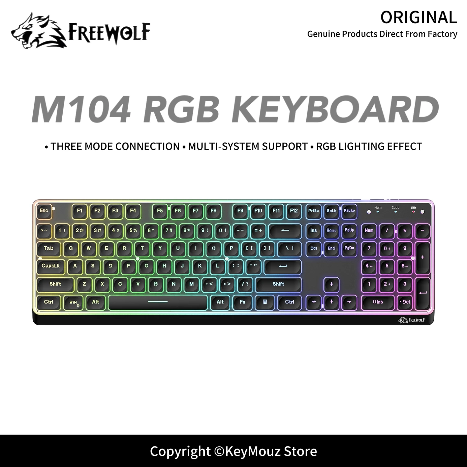 FREEWOLF M104 Tri-Mode Wireless Keyboard RGB Backlit 26 Keys Anti-Ghosting Gaming Keyboard for PC Laptop Mac
