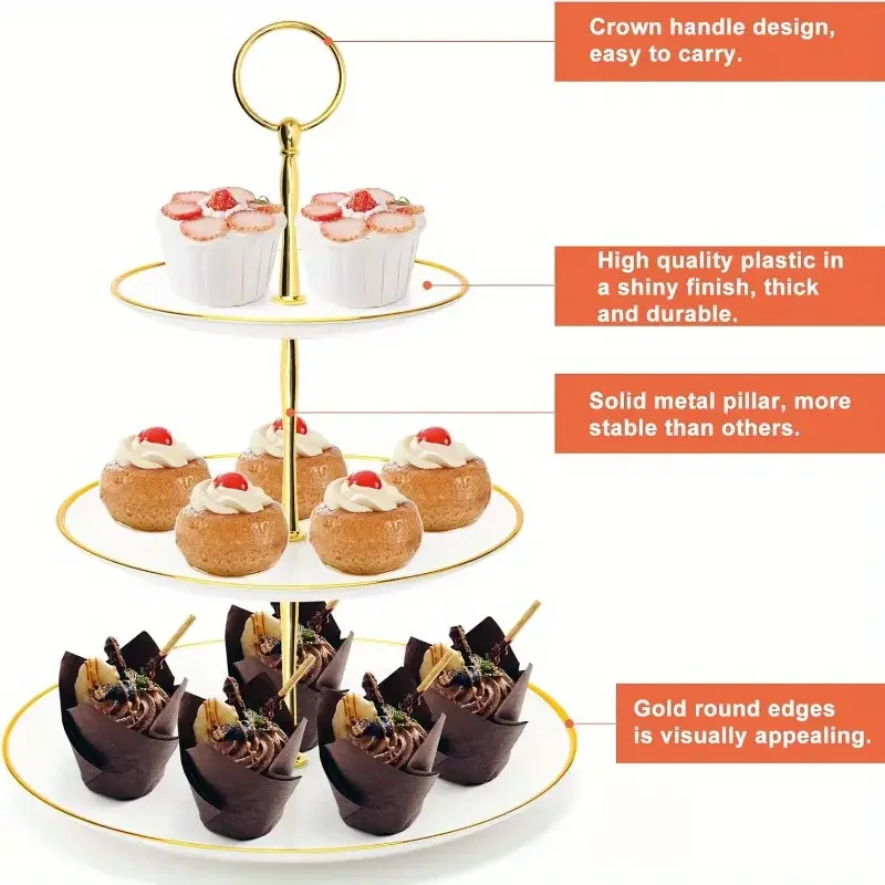 3 Tier Cupcake Stand Holder Golden Edged Cup Cake Dessert Tower Plastic Tiered Serving Tray Metal Rod Wedding Party Home Decors