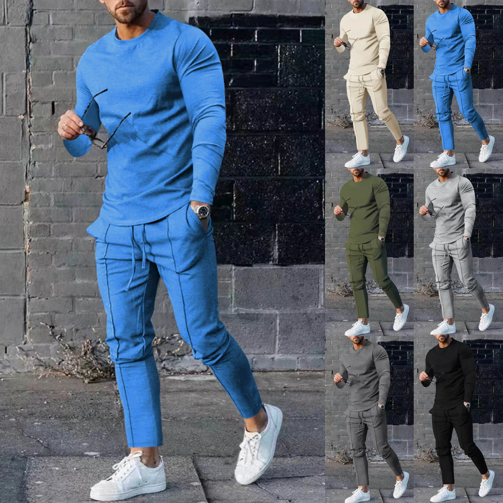 Male Casual Solid Two Piece Suit Round Neck Long Sleeve Top Blouse Clothing Tracksuit Costume 2 Pieces Sweatsuit Track Suits