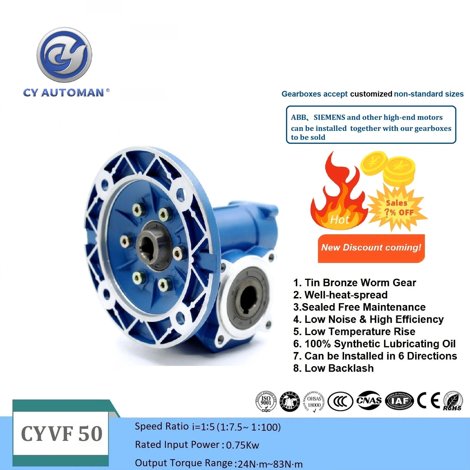 CYAutoman High Torque Worm Gear box NMVF050  Input 14/11/19mm Output 25mm Ratio 5:1/100:1 Suitable for Round Square Flange