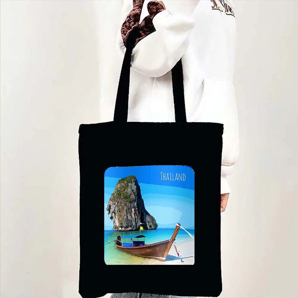 Retro Phuket Bangkok Thailand Flag Map Shoulder Canvas Tote Bag Tropics Elephant Koh Samui Beach Sunset Shopping Shopper Handbag