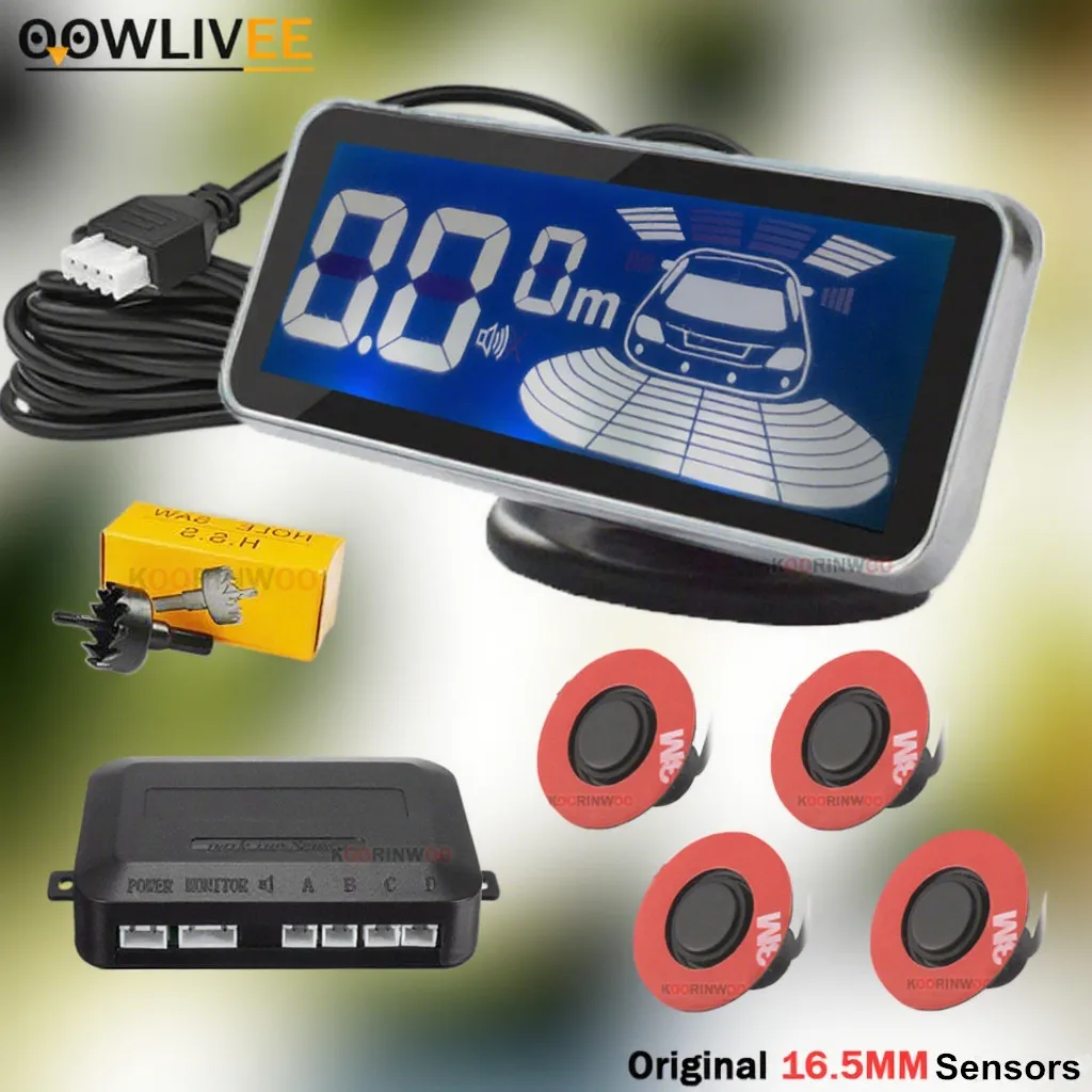 

OOWLIVEE Vehicle LCD Display Original 13MM Flat Parking Sensors English Voice/ Beeper Sounds / Mute Parktronic For Cars Security