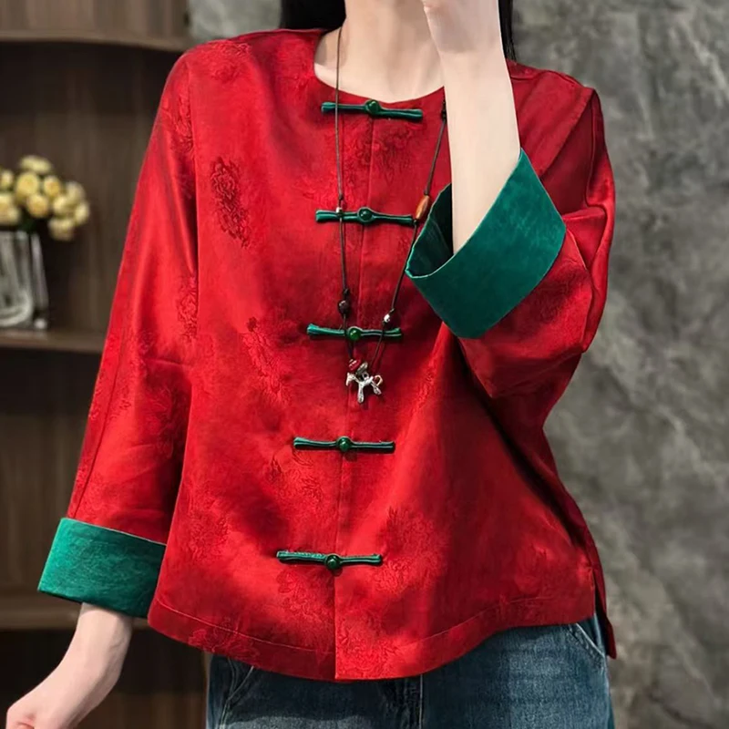 Spring and Autumn New High-End Silk Guangdong Yarn Fabric +Contrast Green Cuffs Handmade Button Elegant Women's Jacket S-XL