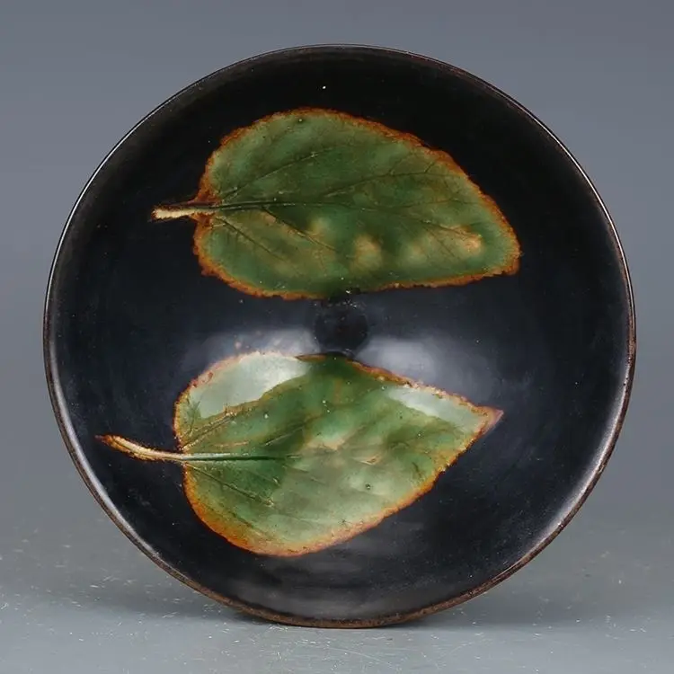 Vintage Old Collection Song Dynasty Jizhou Kiln Black Glaze Maple Leaf Conical Tea Bowl Antique Porcelain Collectible