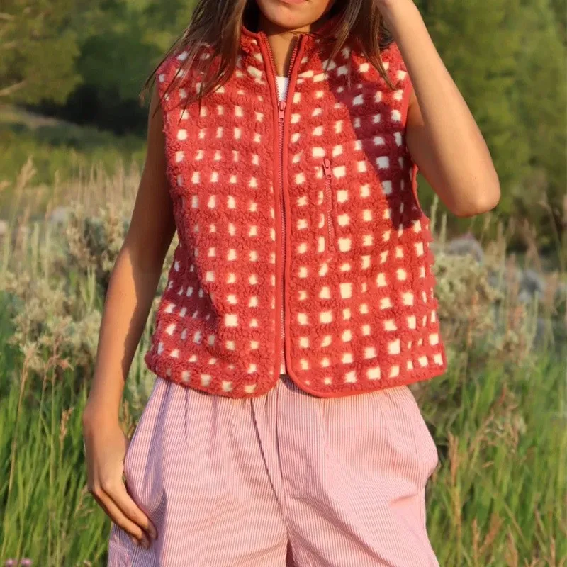 

Женский клетчатый плюшевый жилет сзади, куртки, весенне-осенняя красная куртка без рукавов, пальто с воротником-стойкой на молнии, винтажная верхняя одежда для женщин