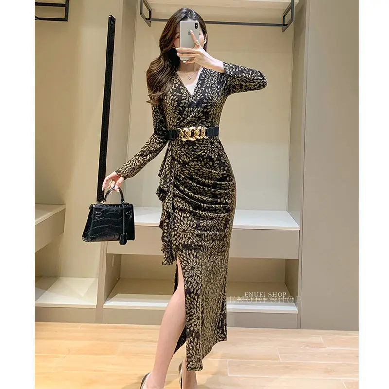 Tuxedo Dress women's dress elastic bright silk large women's store flash silk collar long sleeve side fork covered belly long Hi