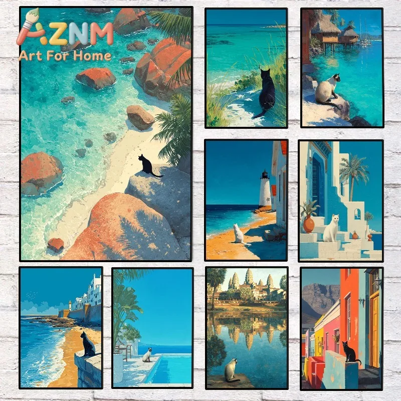 1pc frameless Summer Travel Mediterranean Coastal Luxury Villa Poster Tropical Beach Cat Canvas Painting Wall Art for Living Roo