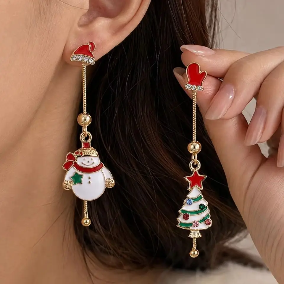 Christmas Asymmetric Drop Earrings for Women, Santa Hat Mitten Gift Box Long Dangle Earrings Holiday Party Jewelry Gift for Her