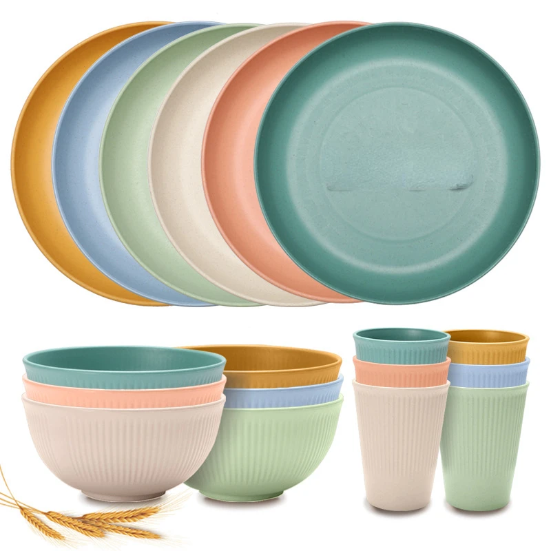 Imagem -02 - Trigo Palha Tigela e Cup Plate Grupo Alimentação Doméstica Padrão Vertical Dinner Plate Tigela de Jantar Água Cup Louça 18 Pcs