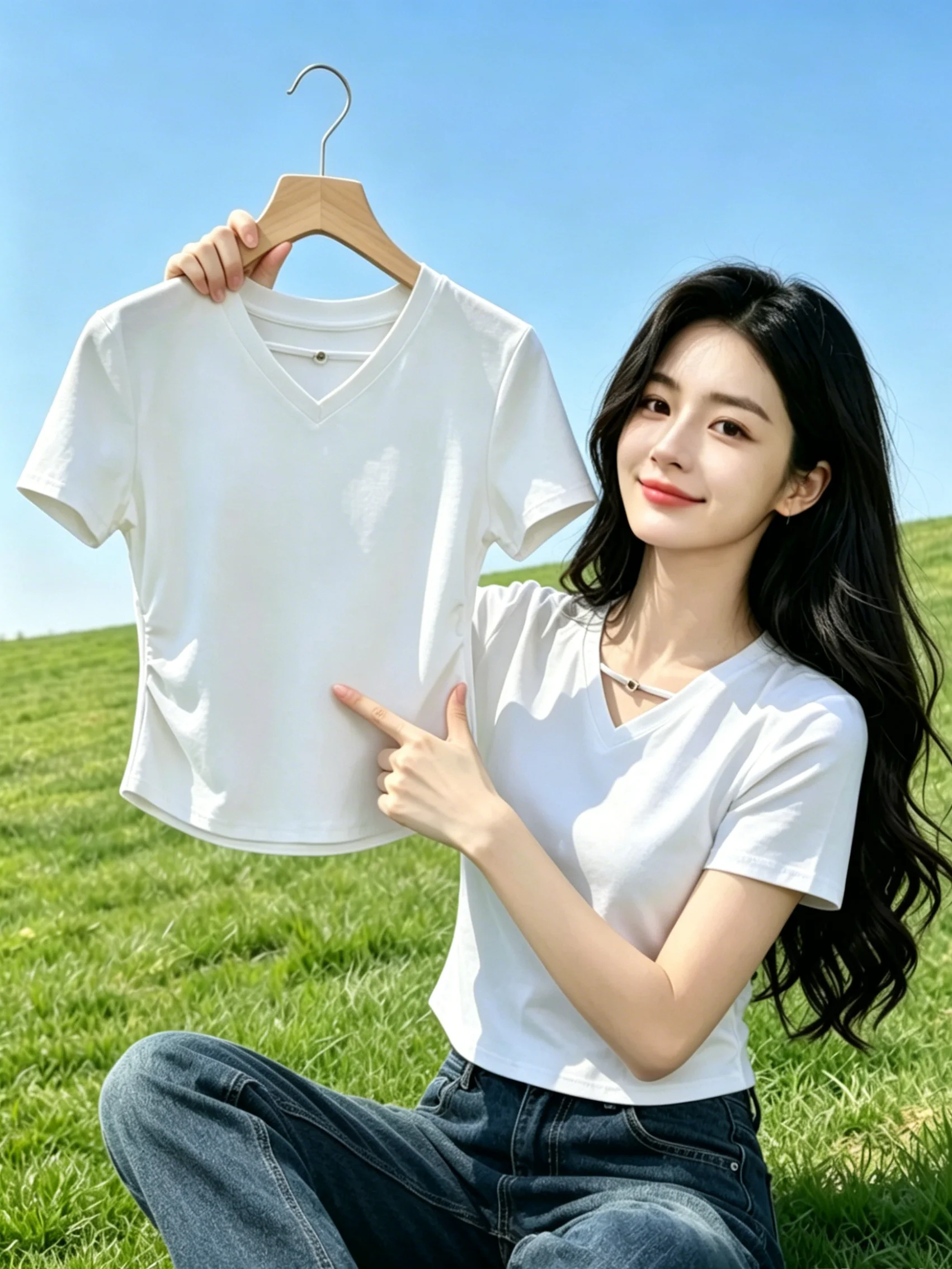 Summer Black Hollow out V-Neck Short Sleeve T-Shirt Women's New plus Size Slimming Fitted Waist Pleated Shoulder Apparels