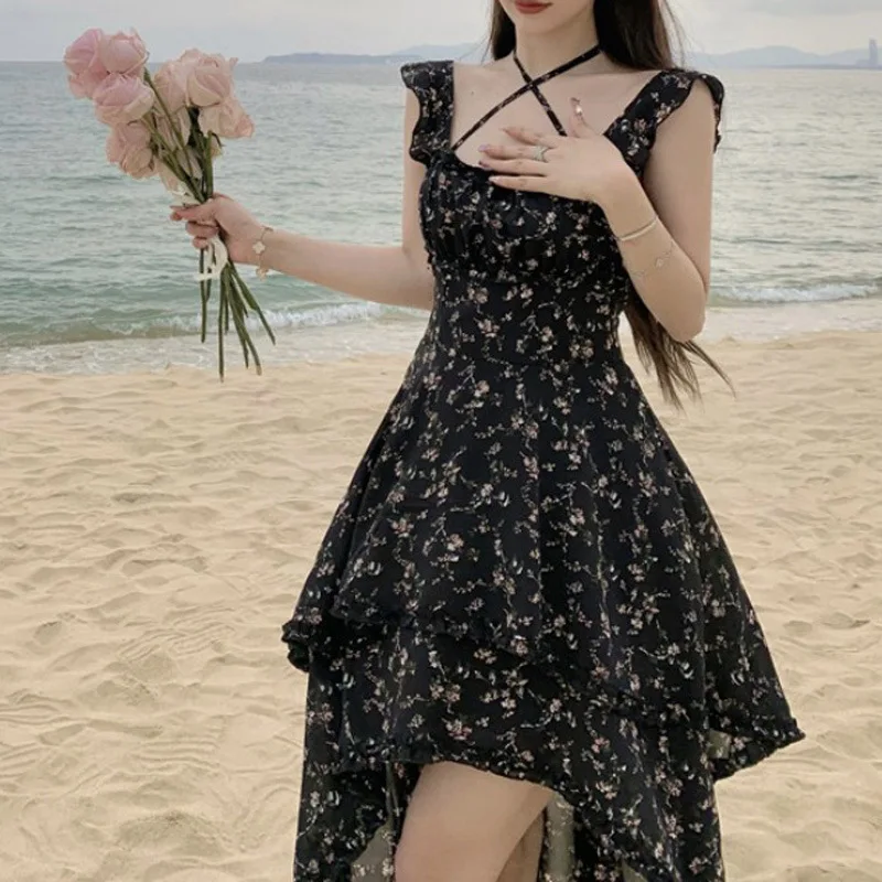 Vestido de tirantes negro sexy de diseño único Pausa para el té Vestido de vacaciones adelgazante con cintura floral francesa
