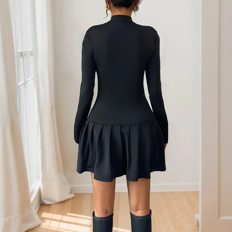 

2025 Women's Black Casual Trendy Elegant Turtleneck Long Sleeve Above Knee Length A-line Dress Female Clothes Autumn New Fashion