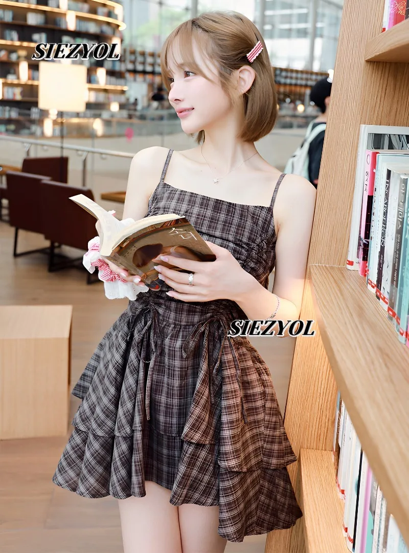 Sleeveless High-waisted Bodycon Mini Dress New Summer Japanese Sweet Style Drawstring Bow Adjustable Shoulder Straps Plaid Dress