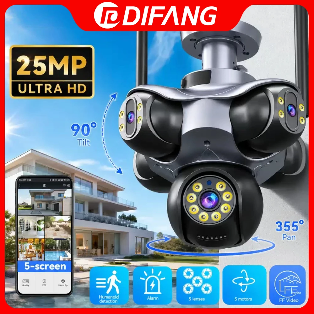 

New 25MP 5 Lens 5 Screen WiFi Security Camera 720° Panoramic PTZ Rotation IP66 Waterproof Outdoor Home Surveillance CCTV Cam