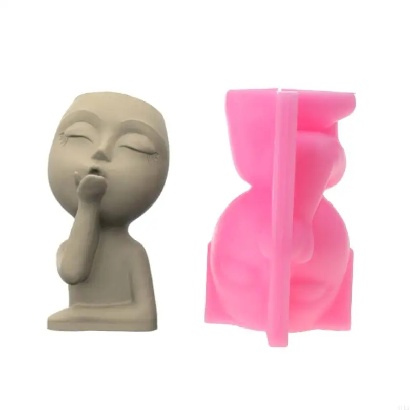 Q0KA Girl Head-Silicone Flower Pot Mold Concrete Candlestick Silicone Holder Mold Succulent Planter Cement Clay Mold