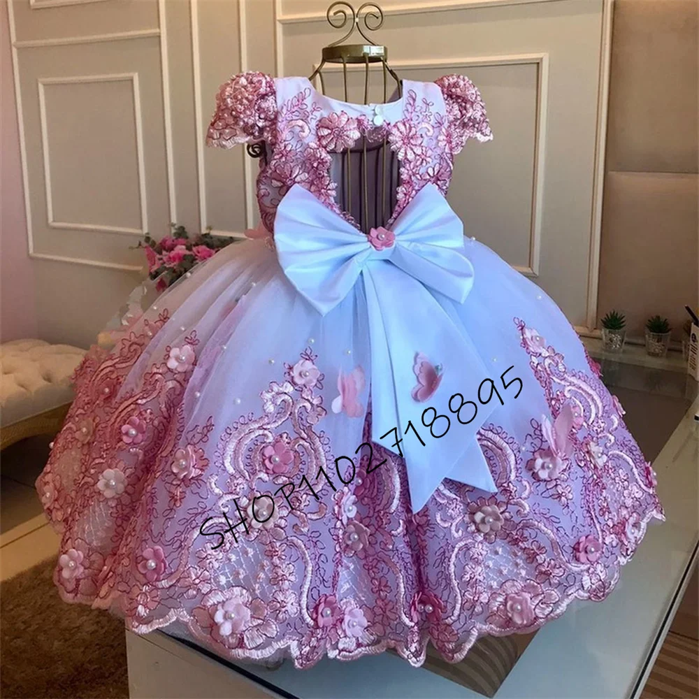 

Baby Girl Birthday Dress Lace Pearls Infant Tutu Dress Princess Flower Girl Dress Cap Sleeve Long Christmas Gown