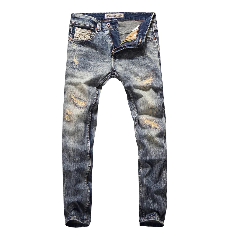 Fashion Designer Men Jeans Retro Yellow Blue Slim Fit Hole Ripped Jeans Men Embroidery Patched Vintage Casual Denim Pants Hombre
