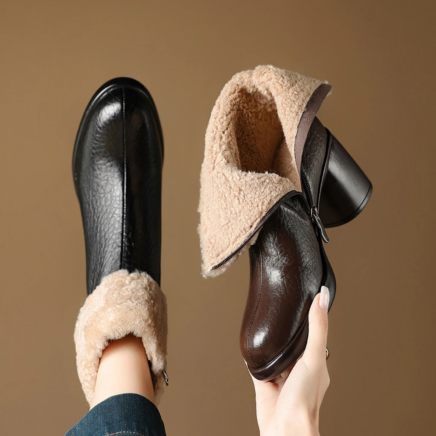 2027 NEW Winter Women Boots Genuine Leather Women Shoes Pointed Toe High Heel Keep Warm Wool Inside Modern Snow Boots Concise
