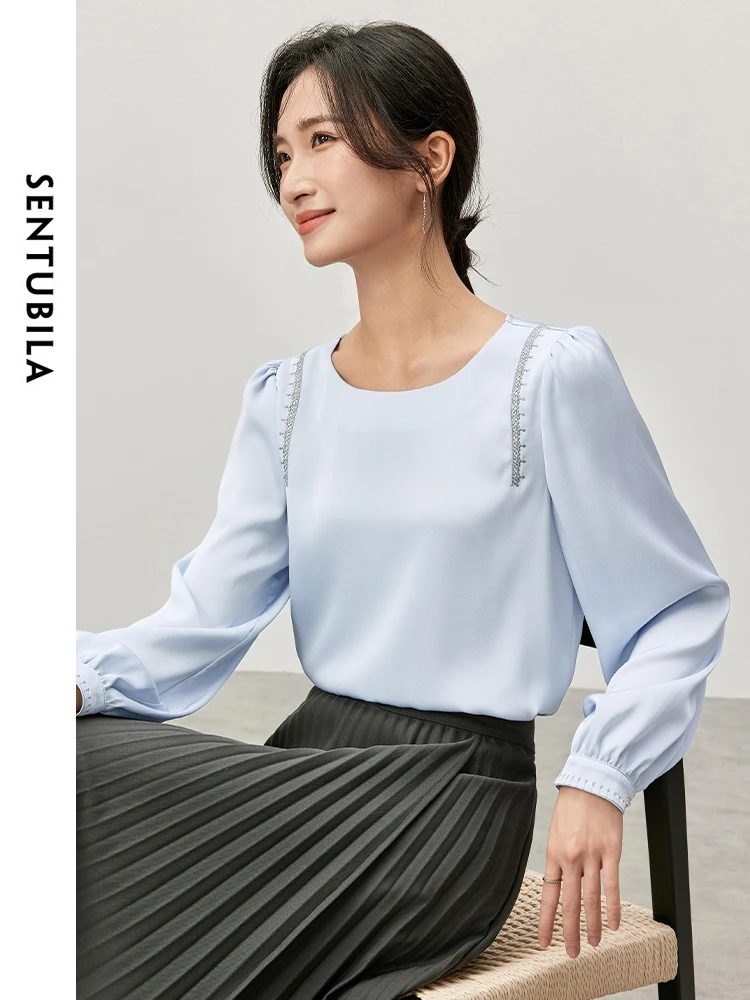 

SENTUBILA Spliced Embroidery Blouse Women 2024 Autumn Chiffon Straight Crew Neck Puff Sleeve Texture Women Shirt 143V56930