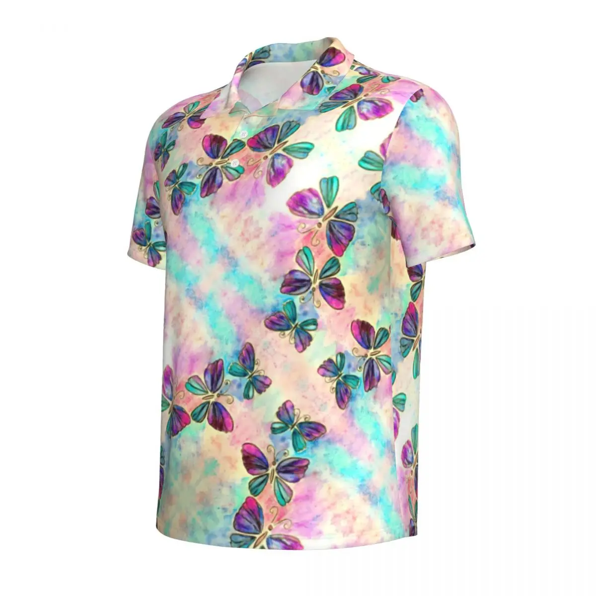 Cute Colorful Butterfly Casual T-Shirts Ombre Print Polo Shirts Turn Down Collar Novelty Shirt Summer Men Plus Size 4XL Top