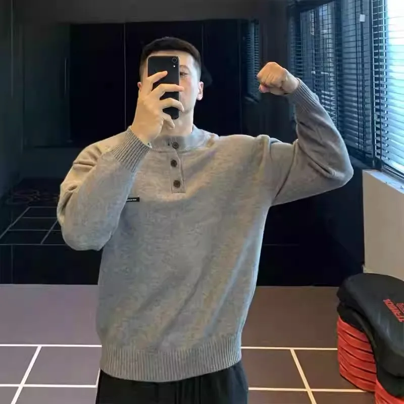 

Мужской осенне-зимний пуловер большого размера, свитер Spor, повседневный трикотаж с воротником Генри, базовый слой из полиэфирного волокна для подростков