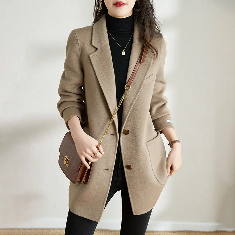 

SuperAen Korean Style High Waist Woolen Coat Women 2025 Autumn and Winter New Fashion Simple Notched Casual Coat