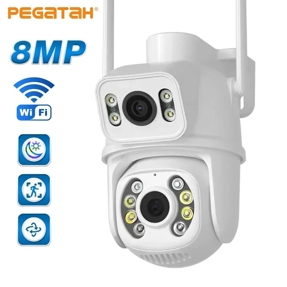 PEGATAH 8MP 4K IP Wifi Camera Dual Lens With Dual Screen Ai Human Detect Auto Tracking Outdoor Surveillance Cameras ICSee App