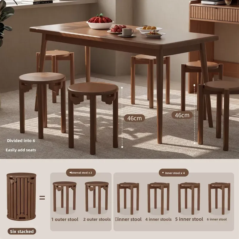 Solid Wood Six-in-one Stacking Foldable Movable Stool Ottoman Minimalist Modern Design Household Dining Table Storage OEM
