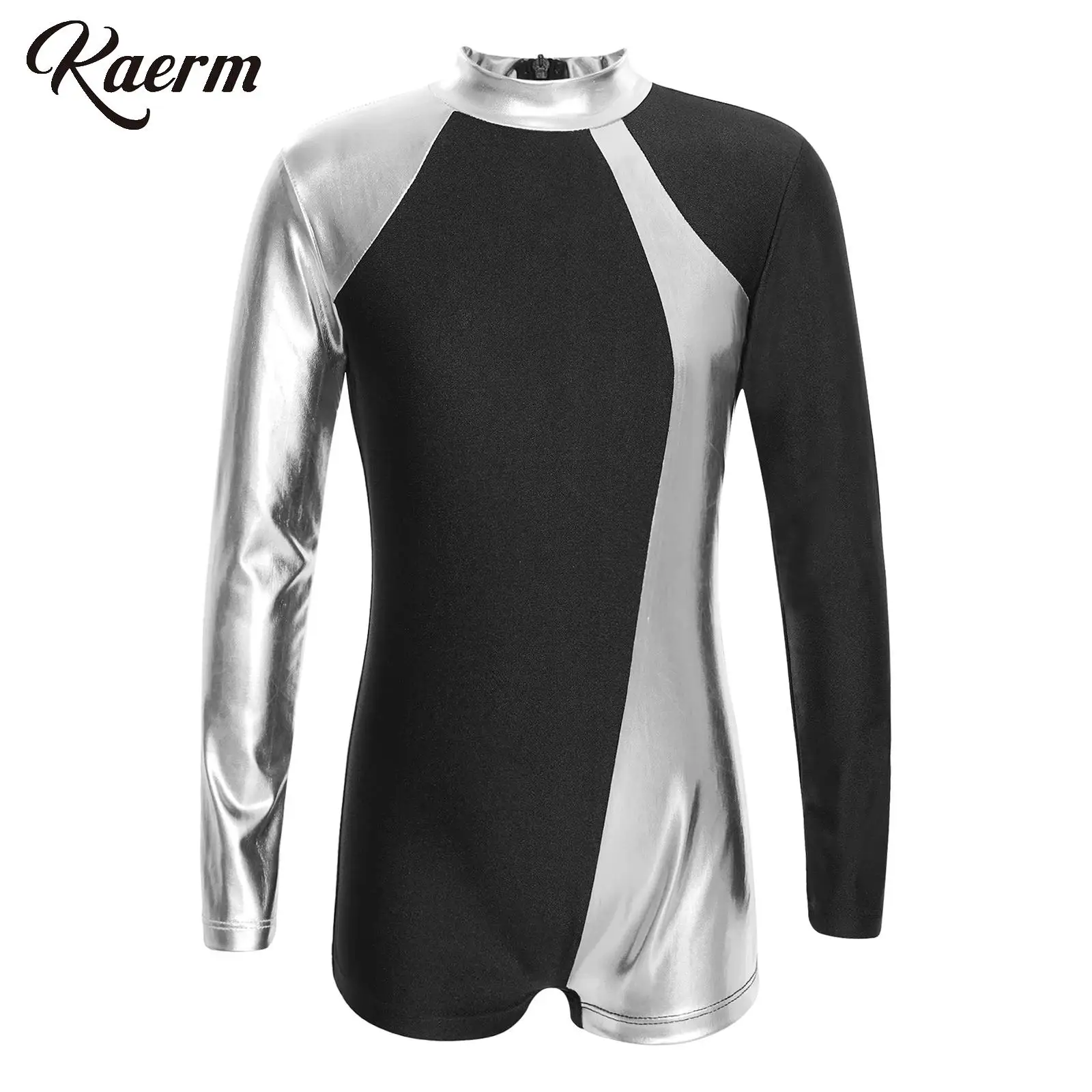 

Kids Girls Metallic Gymnastics Leotard Gym Suit Long Sleeve Color Contrast Jumpsuit for Dance Figure Skating