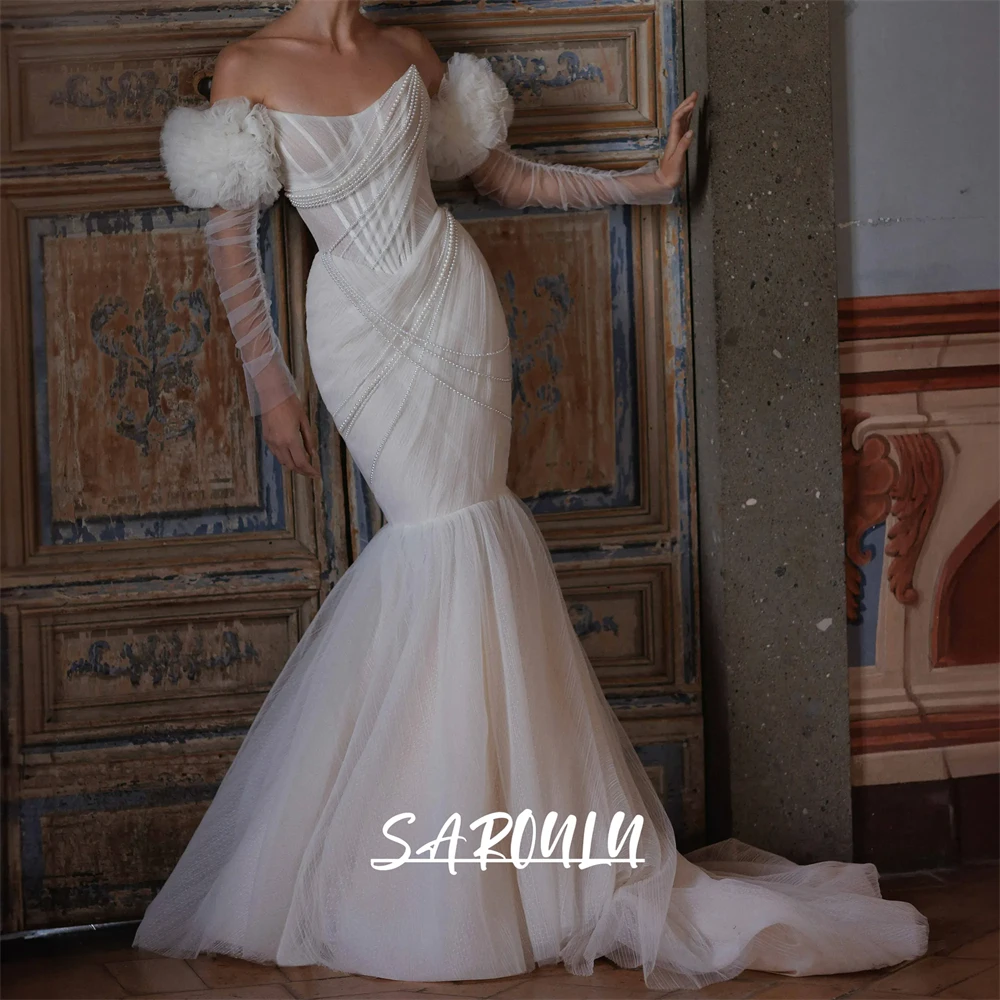 

Haute Couture Mermaid Wedding Dress for Bride 2025 Pearls Chain Bride Dresses Pleated Tulle Long Bridal Gown Customized