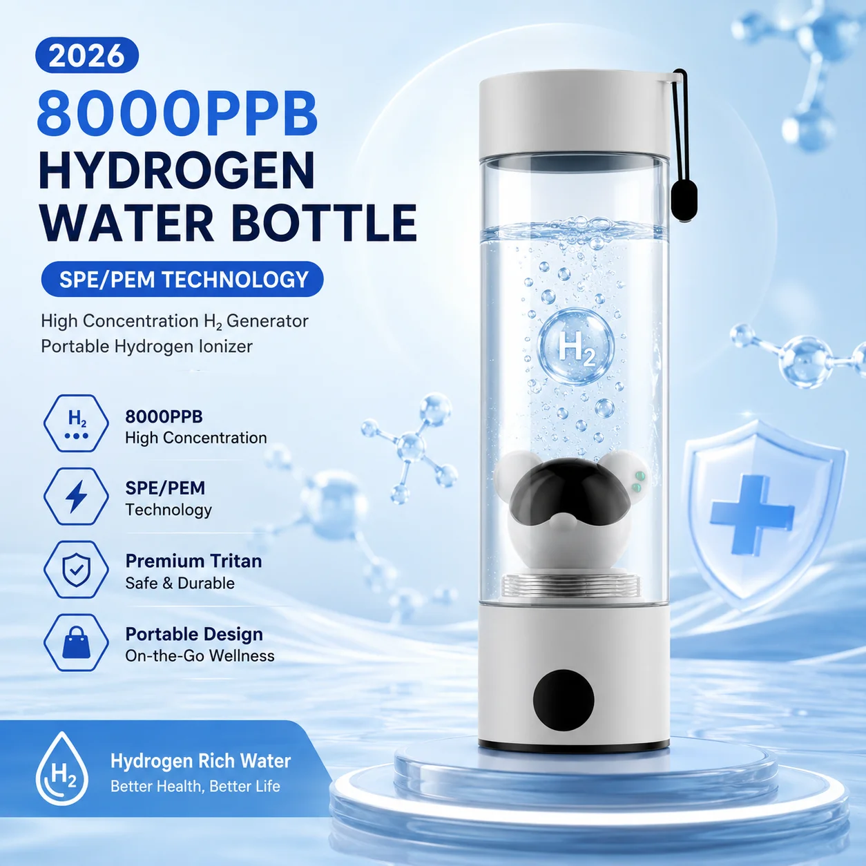 2026Professional 8000PPB Hydrogen Water Bottle , SPE/PEM Tech, High Concentration H2 Generator, Portable Tritan Hydrogen Ionizer