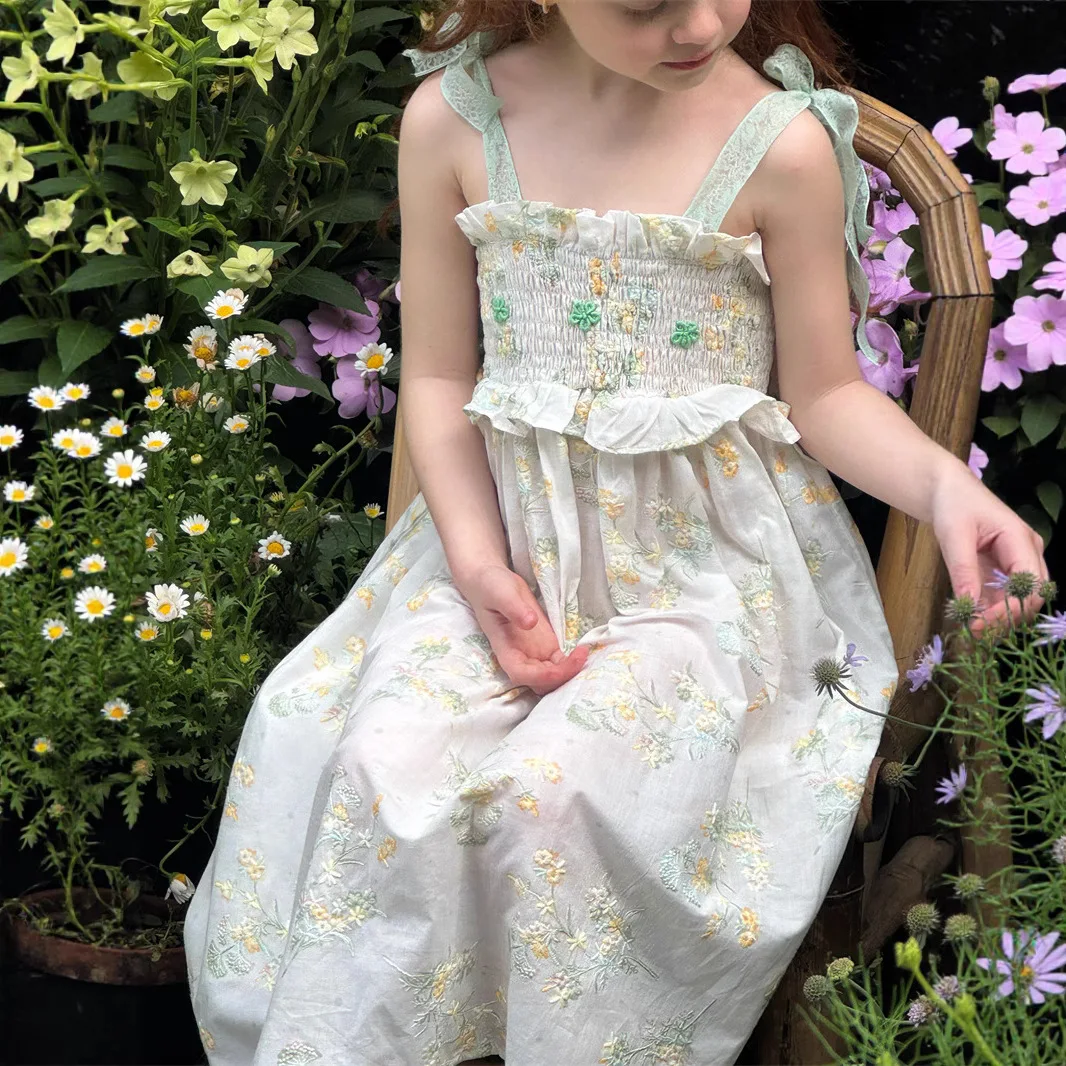 

Lace Embroidered Slip Dress 2025 Summer Vintage Fashion Temperament Embroidered Flower Slip Dress Kids Clothes Girls