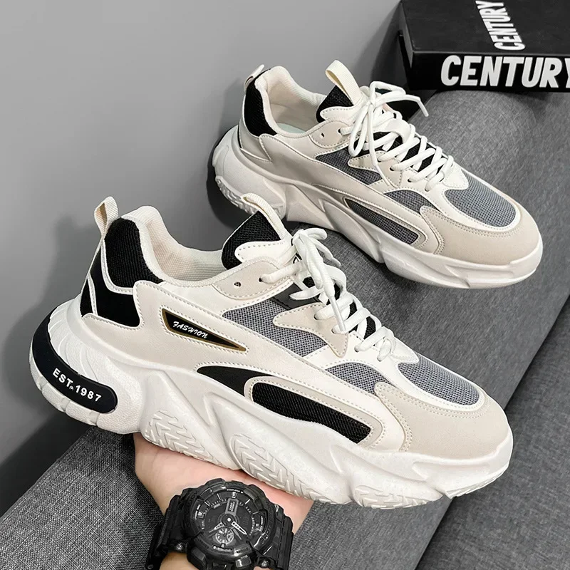 

Thick Sole Versatile Clunky Sneaker For Men 2024 New Trend Mesh Lace Up Breathable Casual Sports Shoes Increased Soft Soles