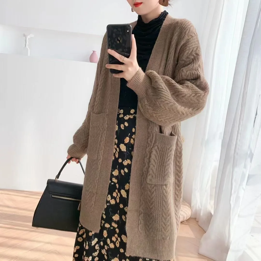 

Korean Style Sweater Coat Women Autumn Winter Fashion Retro Pocket Knitted Long Cardigan Women's Commute Simple Elegance