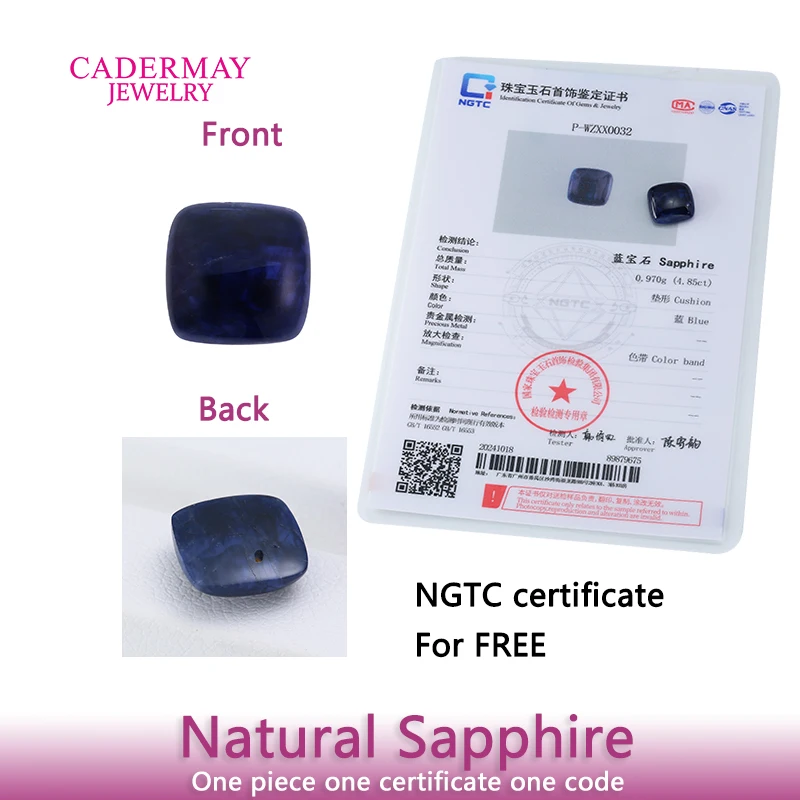 Cadermay NGTC Certificate Not Heated Natural Sapphire 4.85ct Cushion Cabochon Dark Blue Sapphire Gemstones For Jewelry Making