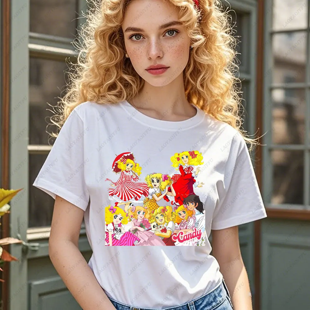 Candy Candy Cartoon Animierte Damen Baumwoll-T-Shirt Tops Japanische 80er Kawaii Mädchen Manga Grafik T-Shirt Harajuku Damen Oberteile