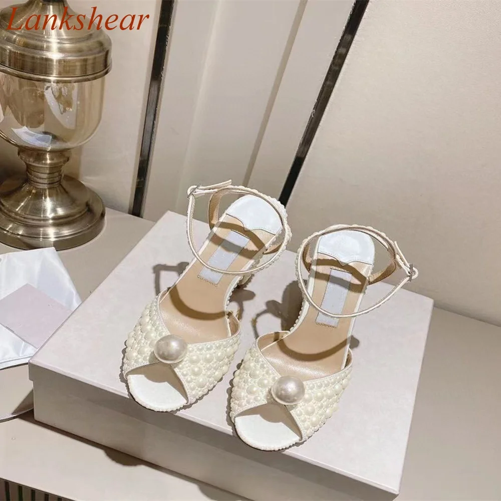 Peep Toe Pearl Women Sandals Square Heel Slingback White Spring Buckle Strap Wedding Fashion Sexy  Women Shoes 2024 New Arrivals