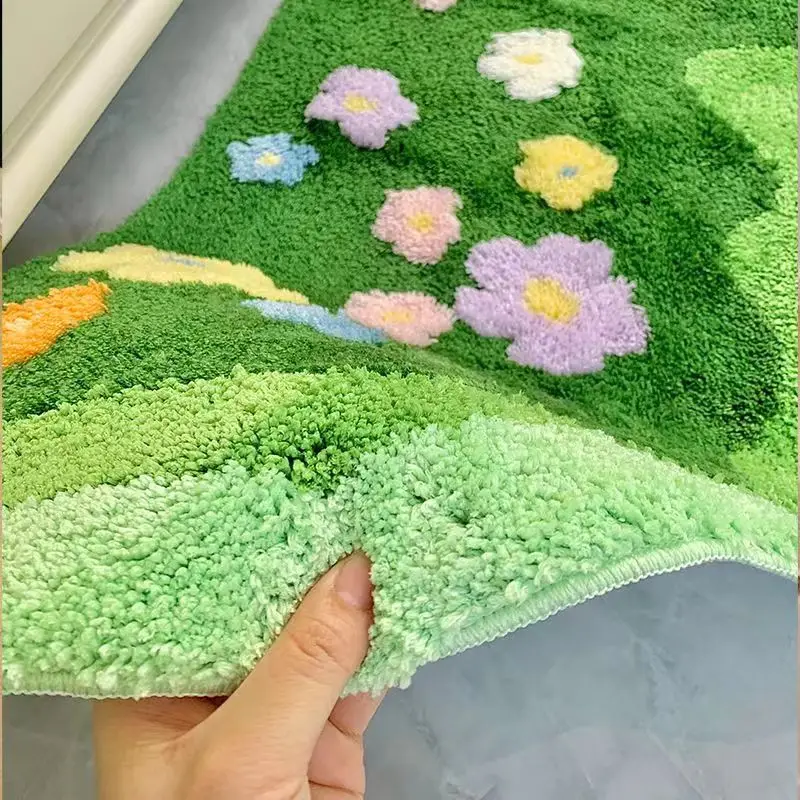 Soft Green Lawn and Flowers Bedroom Carpet Cute Children\'s Bedside Rug Kids Non-Slip Baby Playmats Floor Mat Living Room Mats