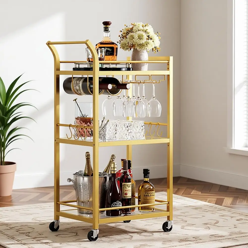 

Трехъярусная сервировочная тележка для домашнего бара с зеркальной поверхностью и мобильной кухонной полкой, золотая