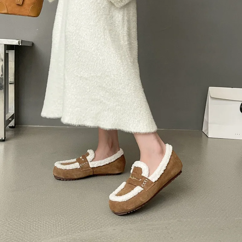 

New Women Winter Shoes Exquisite Genuine Leather Loafers for Woman Fashion Britain Warm Casual Shoe Designer Shoes Zapatos Mujer