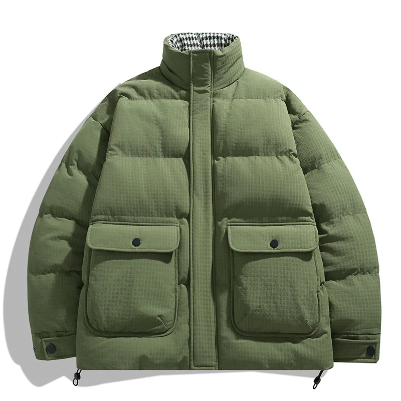 2025 Winter Man Down Jacket Thicken Warm Plaid Patchwork Male Outerwear Vintage Stand Collar Long Sleeve Pocket Zipper Men Coat
