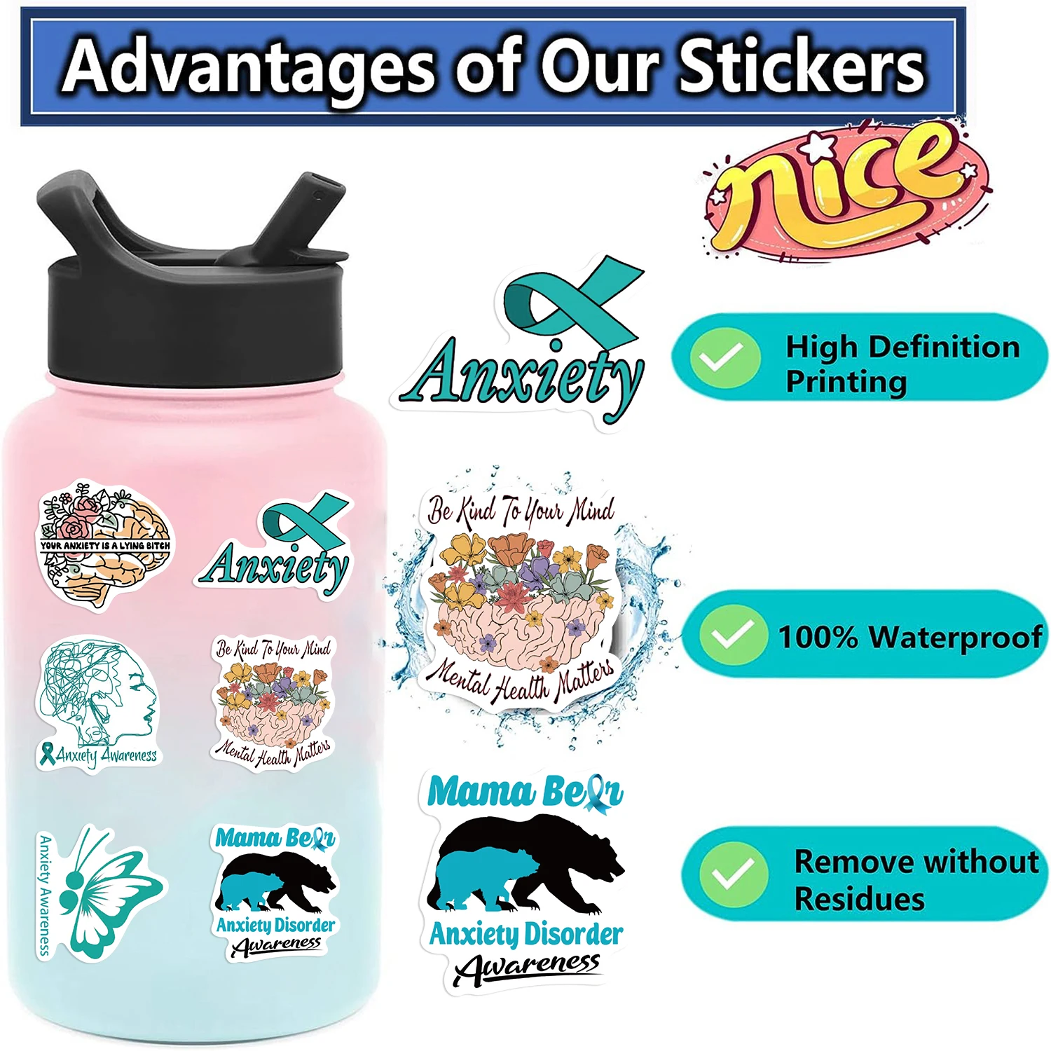 50Pcs Cartoon Anxiety Awareness Stickers For Laptop Motorcycle Luggage Snowboard Fridge Phone Car Sticker Waterproof Decal