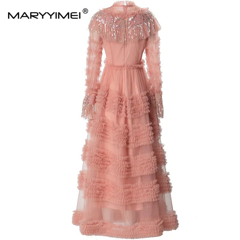 MARYYIMEI Autumn Women's Dress Flared Sleeve Beading Sequins Tassel Edible Tree Fungus Edge Gorgeous Ball Gown Dresses