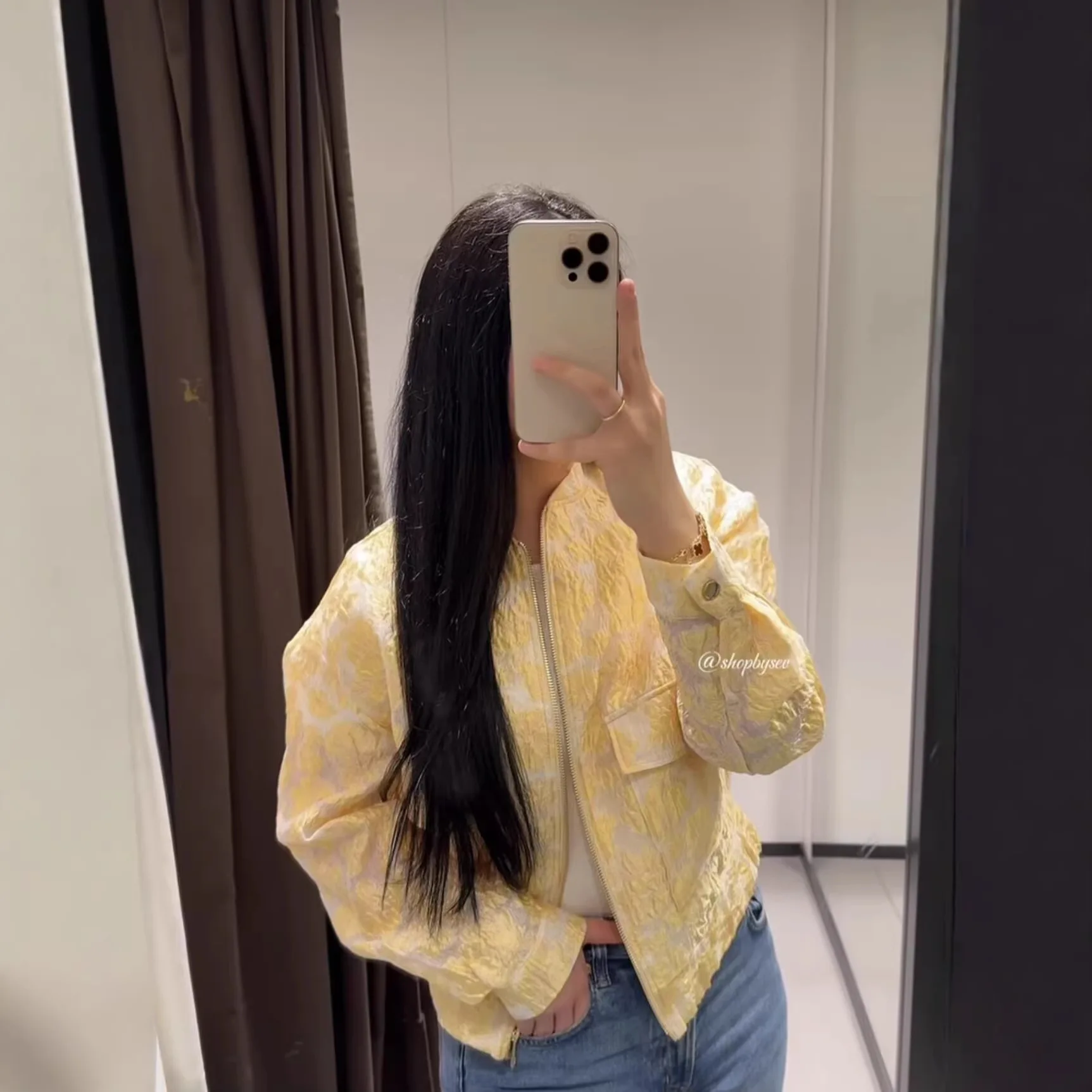 

2026 Spring New French Style Gentle Casual Jacquard Jacket Women Yellow Print Zip Up Jacket Casual Long Sleeve For Spring NHER