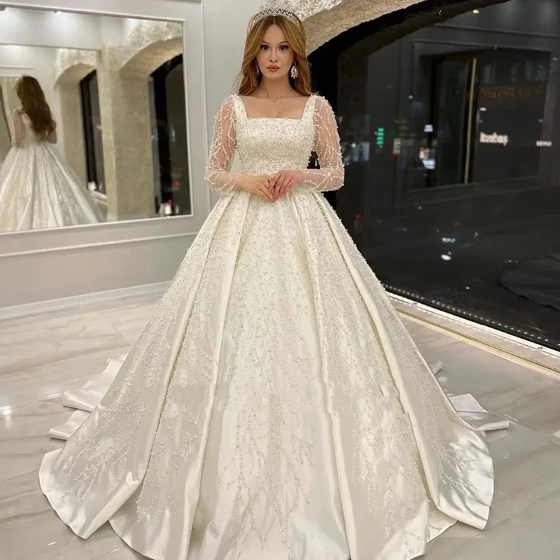 

Flavinke Customized Wedding Dresses Embroidered Lace Beading Princess Ball Gown Square Collar Full sleeve Bride Vestido De Novia