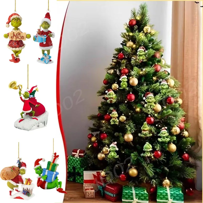 New Christmas Tree Hanging Pendants Grinch Ornaments 7Pcs Acrylic Funny Green Hair Monster Christmas Tree Decor Xmas Gift