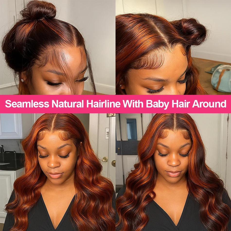 200% الزنجبيل البني تسليط الضوء على شعر مستعار شعر الإنسان الجسم موجة الدانتيل الجبهة الباروكات قبل قطعها أومبير الزنجبيل البرتقالي الملونة 5x5 غلويليس الباروكات #4